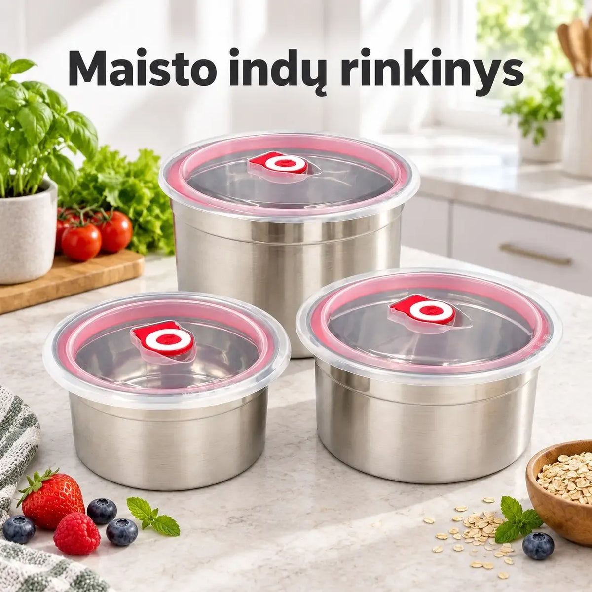 Trijų nerūdijančio plieno maisto indelių rinkinys su dangteliais, patogus laikyti ir šaldyti maistą.