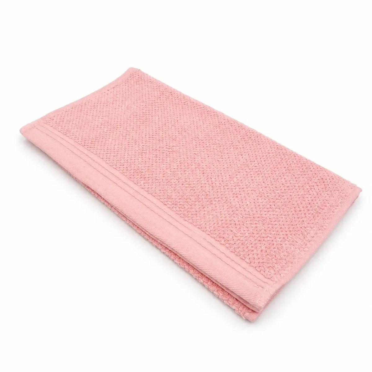 Medvilninis rožinės spalvos rankšluostis su dekoratyvinėmis juostelėmis, 34 × 74 cm, švelnus ir stilingas namų aksesuaras.