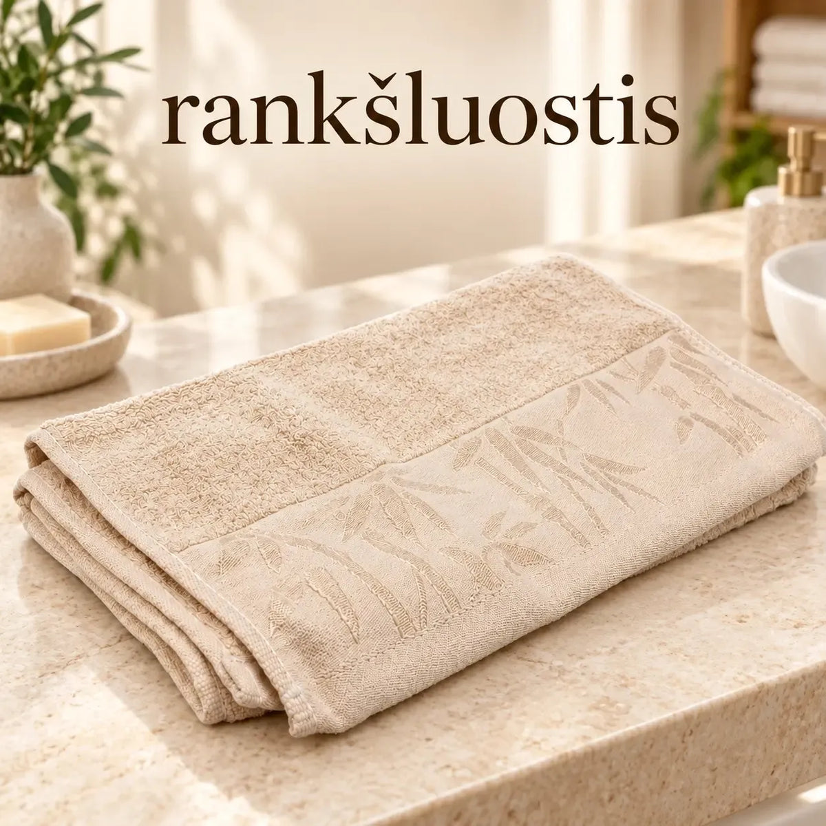 Smėlio spalvos bambuko pluošto ir medvilnės rankšluostis su dekoratyviniu bambukų raštu, 34 × 74 cm, namų apdailai ir naudojimui