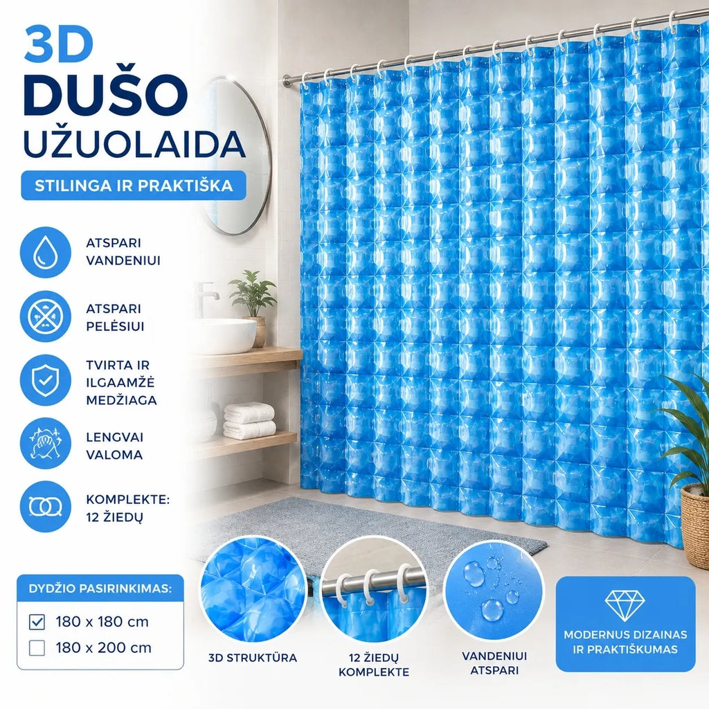 3D Dušo Užuolaida MĖLYNA