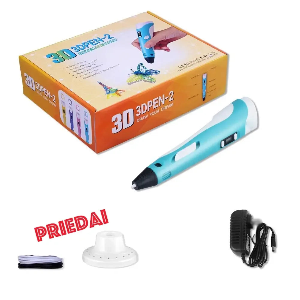 3D pieštukas kūrybai su PLA ir ABS plastiku, rankenėlė ir naudotojo ekranas, skirtas 3D modeliui kurti.