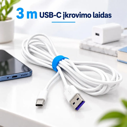 3 m USB–USB-C įkrovimo ir duomenų perdavimo laidas, juodas, lankstus ir patvarus, skirtas greitam duomenų perdavimui.
