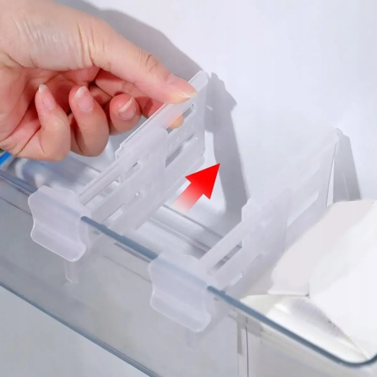 4 reguliuojami šalytuvo stalčių skirstytuvai, plastikiniai organizatoriai, patogiai tvarkyti maisto produktus šaldytuve