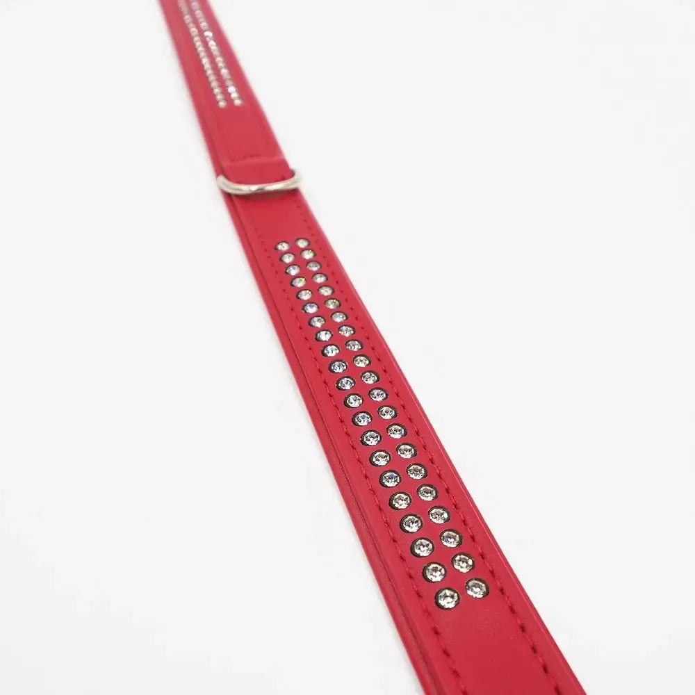 Raudonas odinis šunų antkaklis su Swarovski kristalais, Hunter, 50/18 cm, elegantiškas ir prabangių akcentų šuniui.