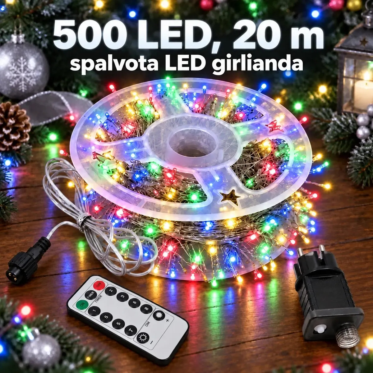 20 m ilga spalvota LED girlianda su 500 šviesos diodų, puikiai apšviesti patalpas ar renginius.