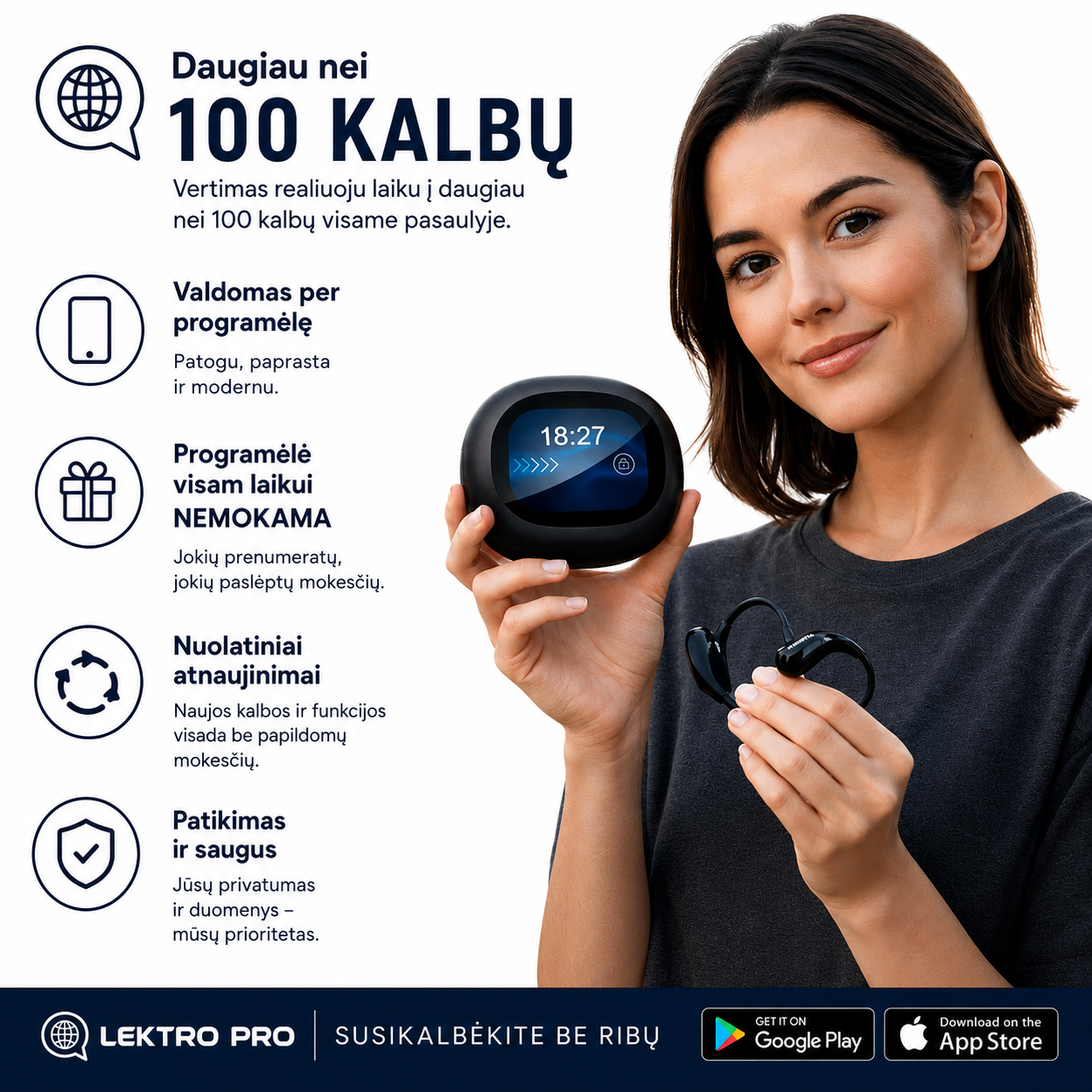 Tulkošanas austiņas Lektro AI — tulko vairāk nekā 100 valodu