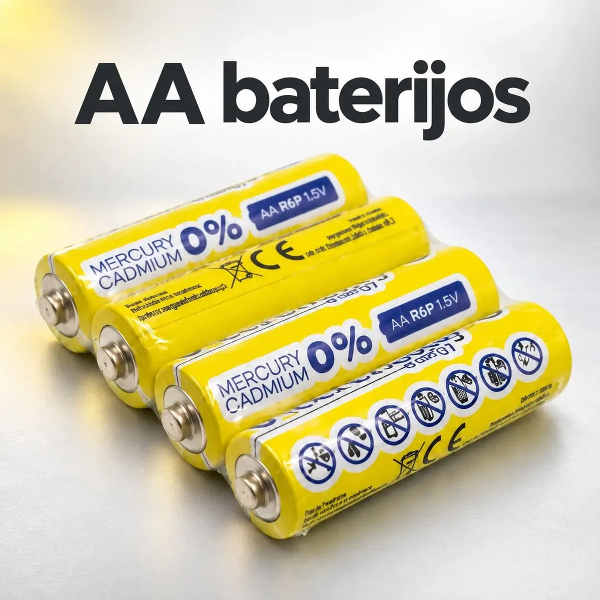 Keturių AA baterijų R6P 1,5 V komplektas, tinkamas įvairioms namų ir elektronikos reikmėms, matomos baterijos.