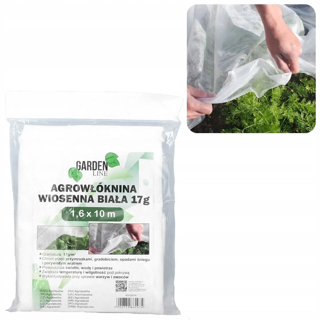 Baltos pavasarinės agroplėvelės 1,6 x 10 m, 17 g/m², apsaugo ir praleidžia šviesą augalams.