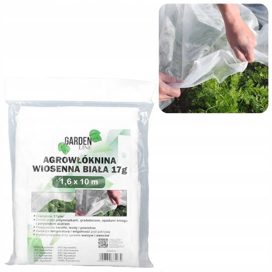 Baltos pavasarinės agroplėvelės 1,6 x 10 m, 17 g/m², apsaugo ir praleidžia šviesą augalams.