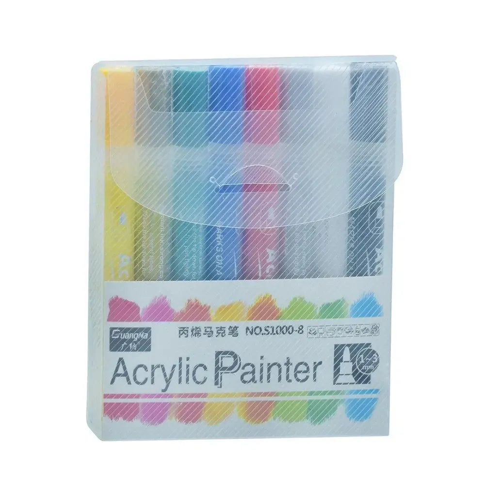 Akrilinių dažų markeriai Acrylic Painter, 8 vnt., įvairių spalvų, rankenos ir metaliniai antgaliai, menininkų dažymo įrankiai.