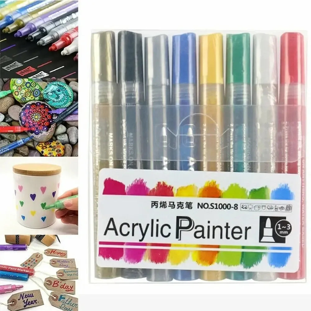 Akrilinių dažų markeriai Acrylic Painter, 8 vnt., įvairių spalvų, su storais ir plonais antgaliais, tinkami meniniam ir amatų darbui