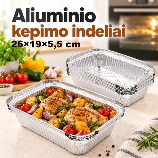 Aliuminiai kepimo indeliai su dangteliais, 4 vnt., patvarūs ir lengvai naudojami virtuvės reikmenys.