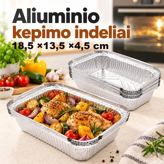 Aliuminiai kepimo indeliai su dangteliais, 6 vnt., patvarūs ir tinkami kepimui orkaitėje, lengvai naudojami ir valomi.