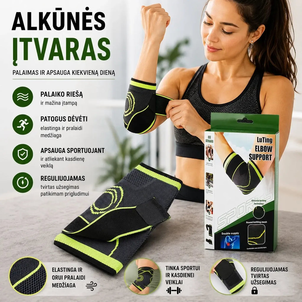 Alkūnės įtvaras XLINE TR1630 su elastiniu tinklu ir reguliuojamomis juostomis, skirtas paramai ir komfortui.