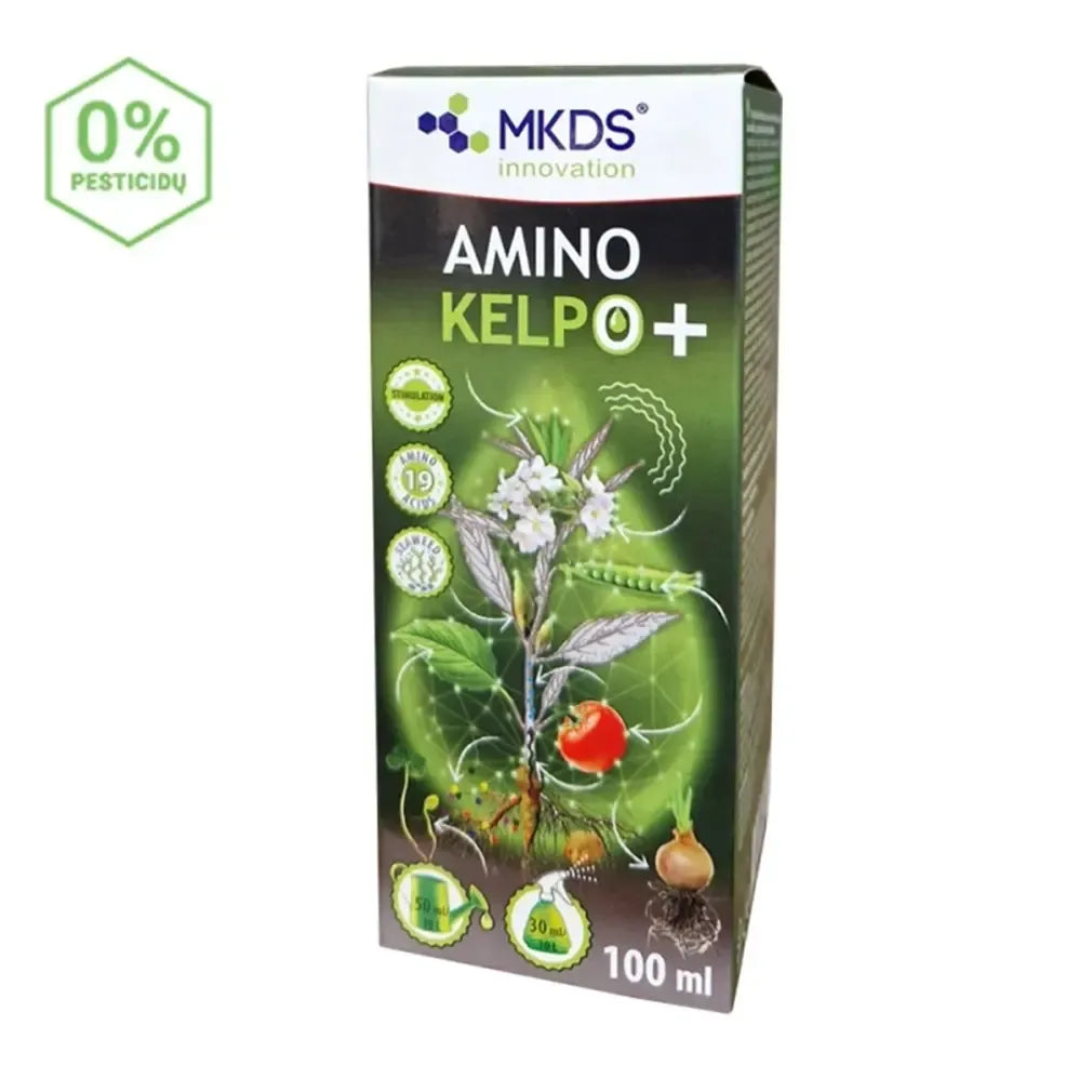Amino Kelp-O aminorūgštys su dumblių ekstraktu, 100 ml, skaidrus skystis su žolelių ir dumblių ingredientais.