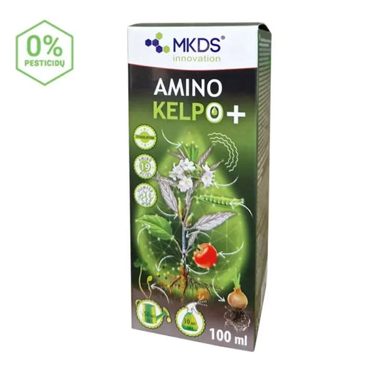 Amino Kelp-O aminorūgštys su dumblių ekstraktu, 100 ml, skaidrus skystis su žolelių ir dumblių ingredientais.