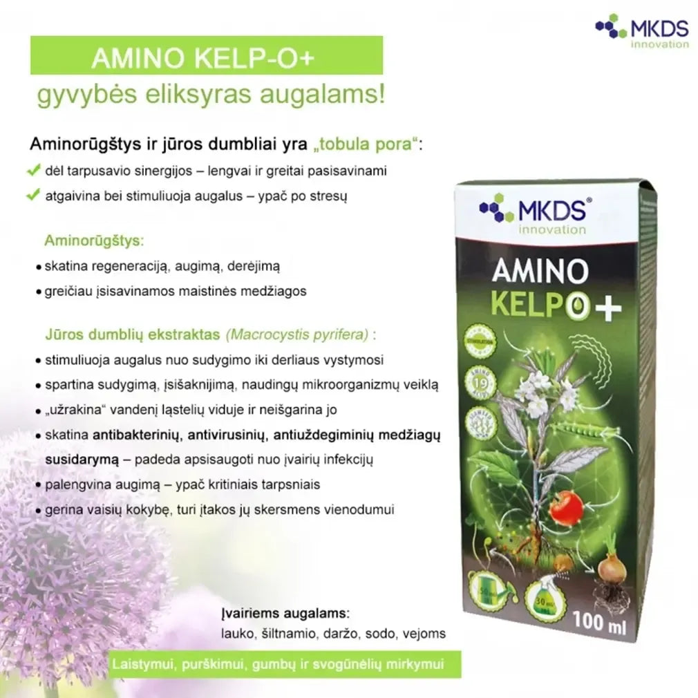 Amino Kelp-O+ aminorūgštys su dumblių ekstraktu, 100 ml, skystas papildas, buteliukas su dozavimo pipete, žali dumblių ekstraktas