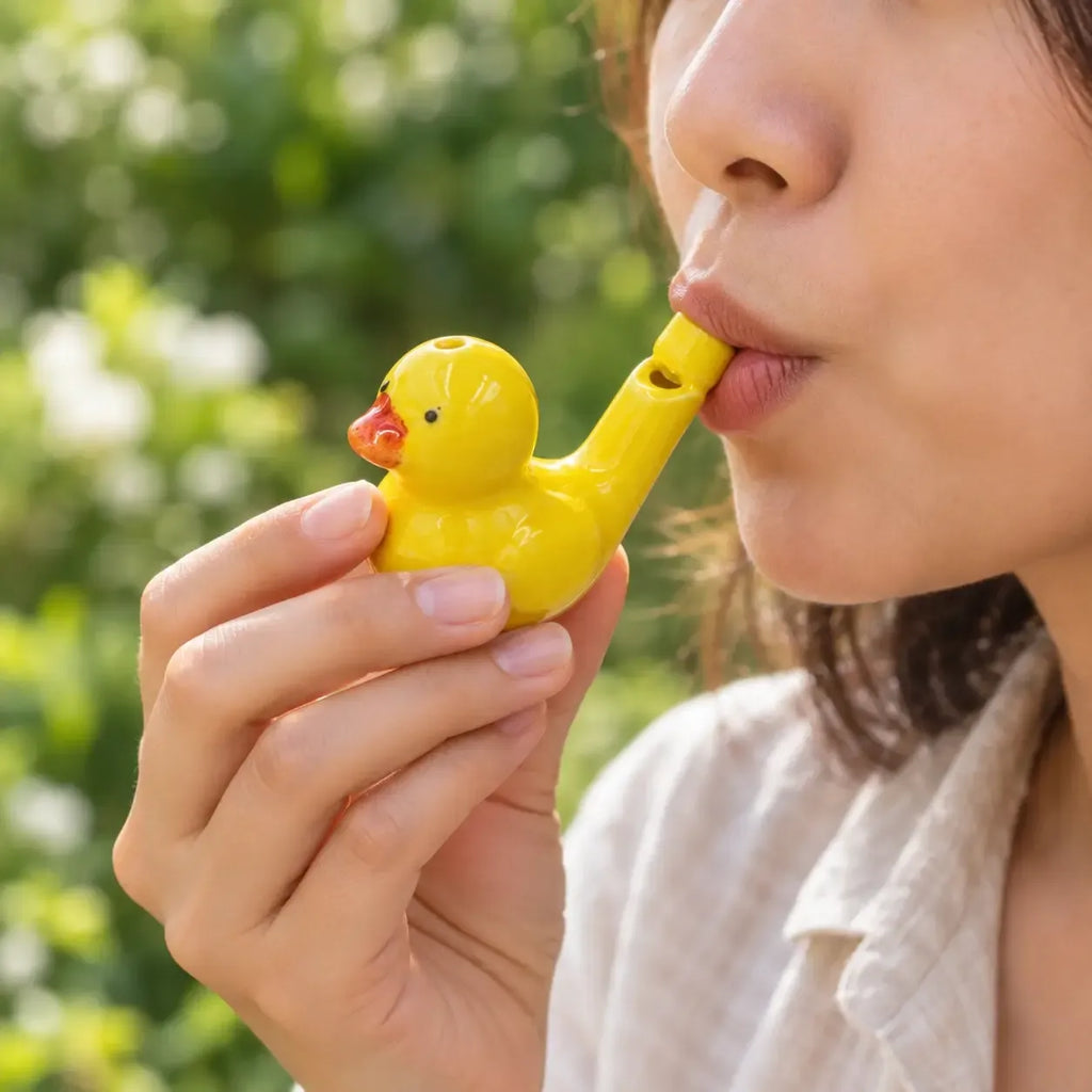 Geltonas antytės formos švilpukas ant šviesaus fono