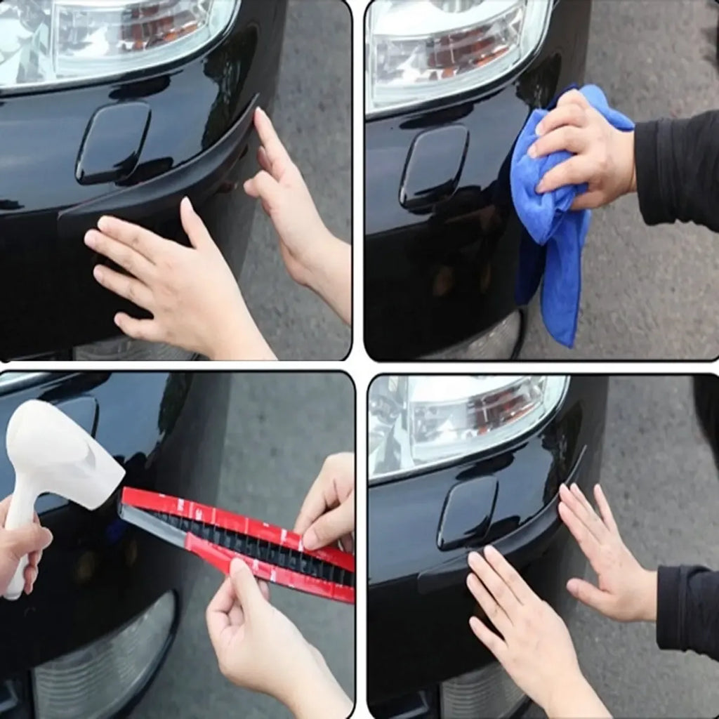 Apsauginė juostelė automobilio buferiui, ilgaamžė ir apsauganti nuo įbrėžimų, matoma kaip lanksti plastikinė juosta.