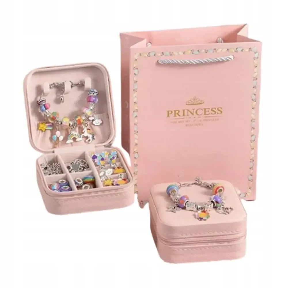 Apyrankių vėrimo rinkinys „Princess“ su dėžute, įskaitant apyrankių karolius ir aksesuarus, tinkamas rankdarbiams ir kūrybai.