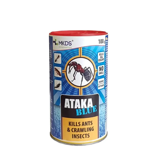 Insekticido Ataka Blue pakuotė, 100 g, veiksmingai naikina skruzdėles, su mėlynu dizainu ir aiškiu etiketės užrašu ant pakuotės
