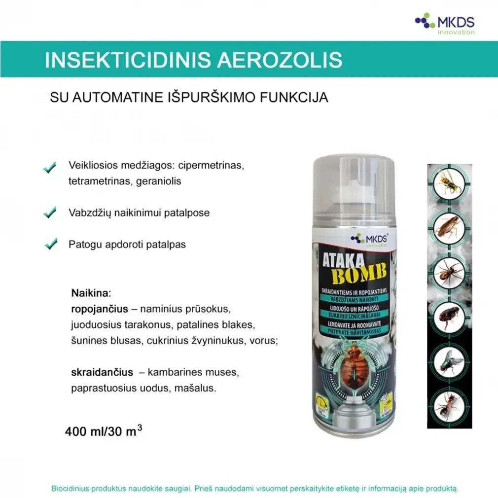 Insekticido Ataka BOMB buteliukas 400 ml, skirtas naikinti skraidančius ir ropojančius vabzdžius, matomas iš arti.