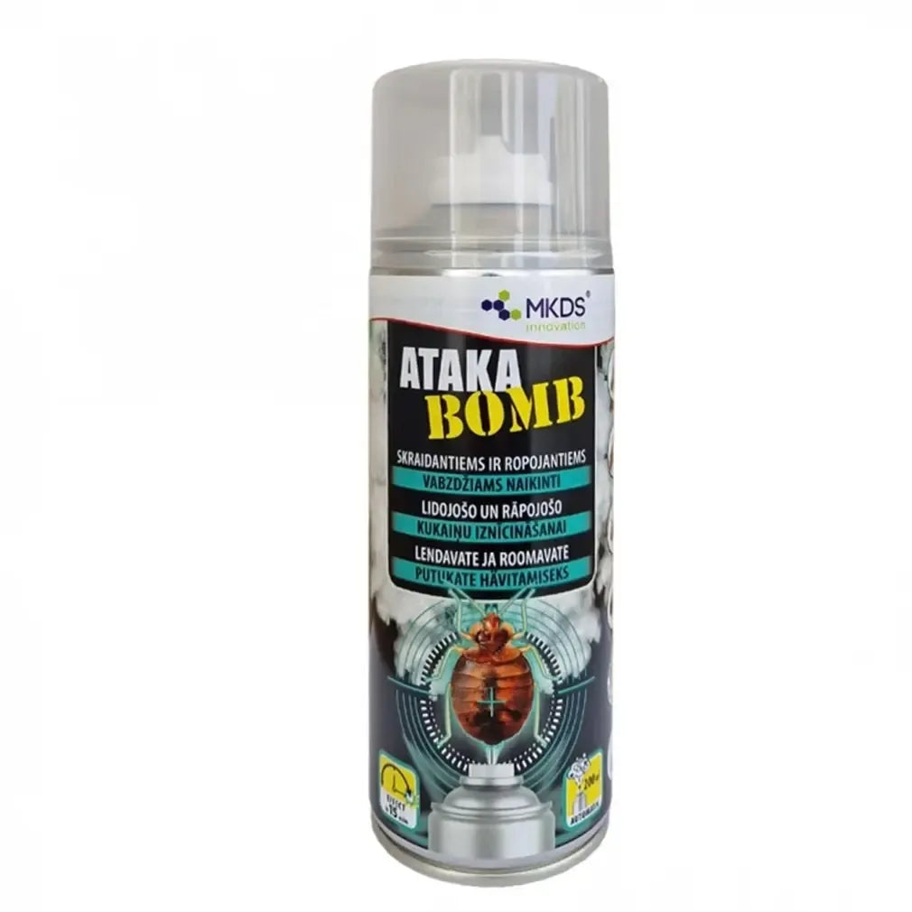 Insekticido Ataka BOMB buteliukas, 400 ml, skirtas naikinti skraidančius ir ropojančius vabzdžius, aiškiai matoma pakuotė.
