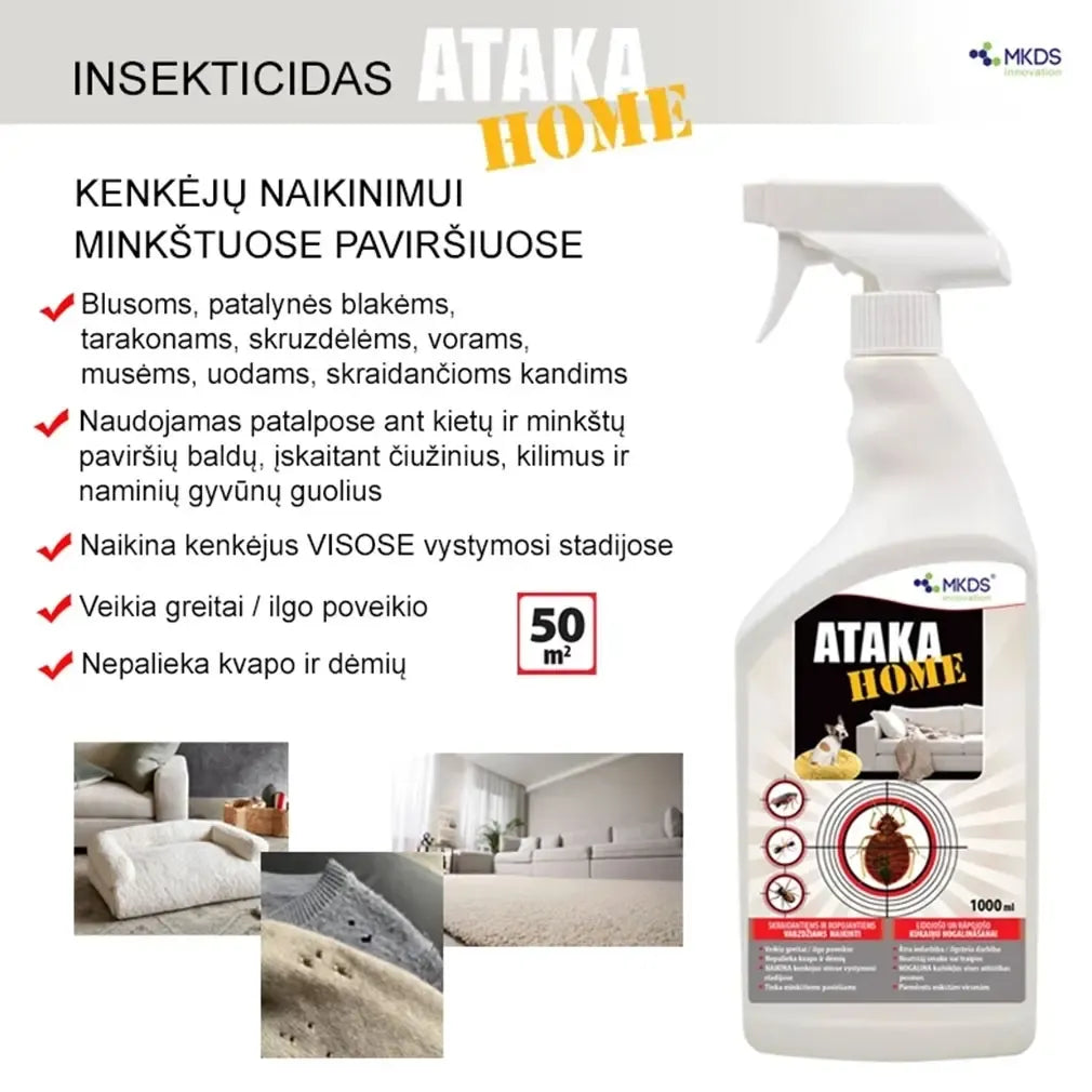 Insekticido butelis Ataka Home, 1L, vabzdžių naikinimui namuose, su purkštuvu ir veiksminga vabzdžių kontrole.