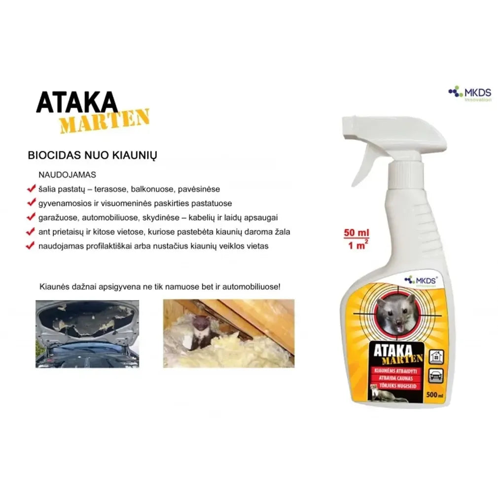 Kiaunių repelentas Ataka Marten, 500 ml, skystis su purkštuvu, skirtas atbaidyti kiaunes.