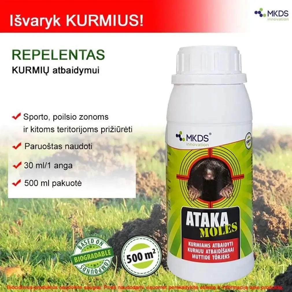 Ataka moles repelentas kurmiams, 500 ml, skystas repelentas žolėms ir kurmiams, naudojamas sode ir kieme.