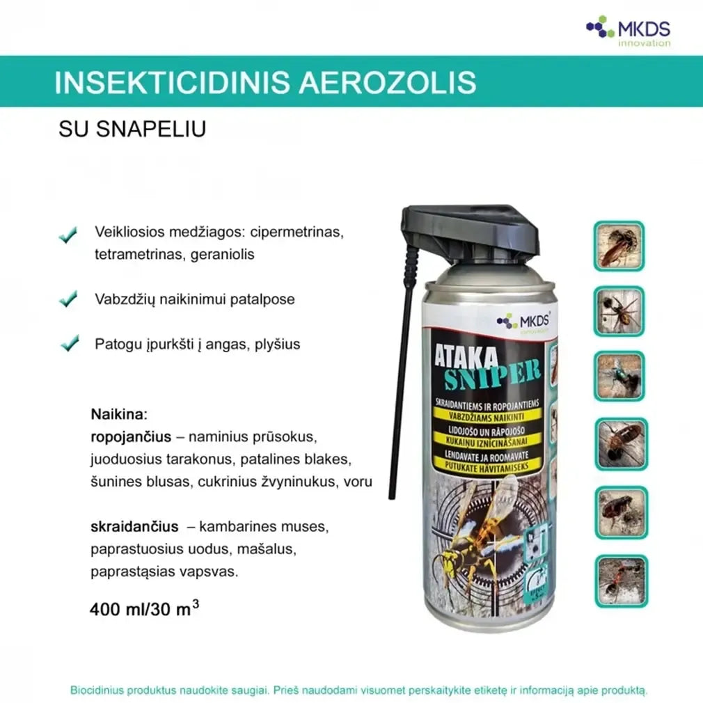 Ataka Sniper insekticidas 400 ml, veiksmingai naikina skraidančius ir ropojančius vabzdžius namų aplinkoje.