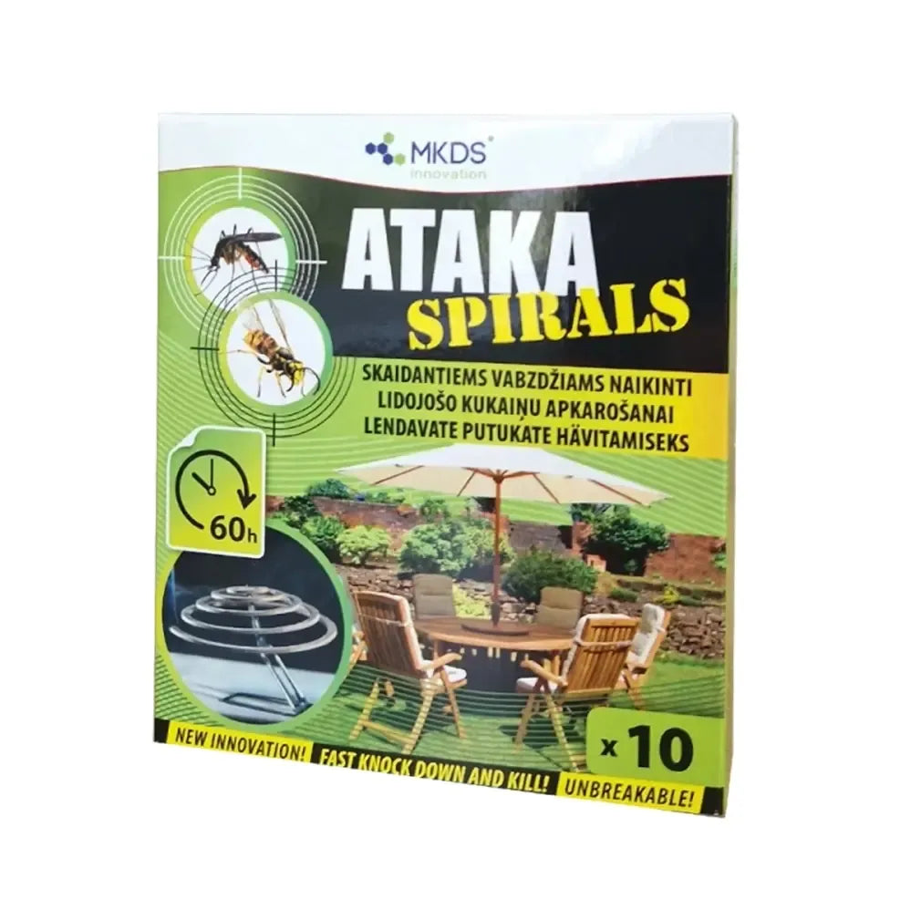 Ataka spiralės insekticidas nuo uodų ir vabzdžių, 10 vnt., degančios spiralinės insekticidinės žvakutės, namų apsaugai