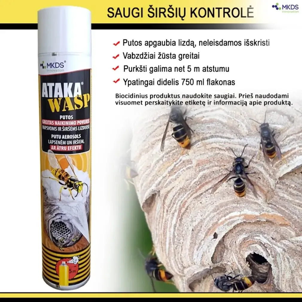 Vapsvų ir širšių naikinimo putos 750 ml, „ATAKA WASP“, efektyvi ir saugi priemonė vabzdžių kontrolėi.
