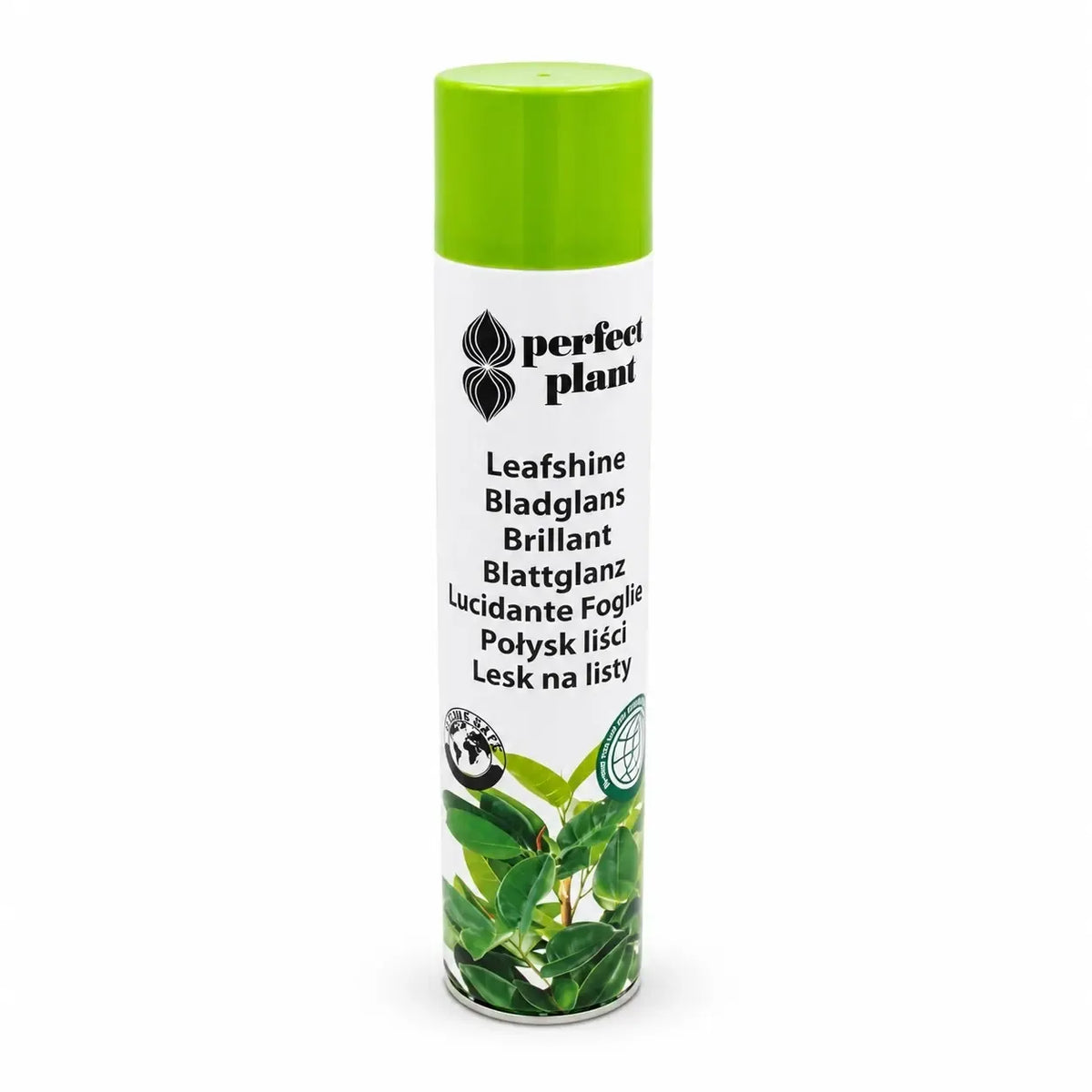 Augalų lapų blizgiklis „Perfect Plant“ 750 ml, skaidrus butelis su augalų lapais, tinkamas augalų priežiūrai.