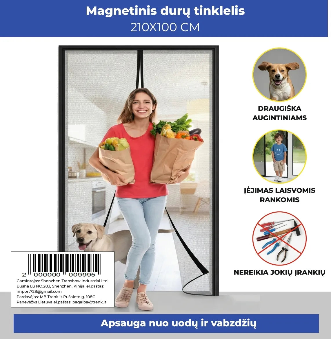 Aukštos kokybės magnetinis durų tinklelis 210 × 100 cm