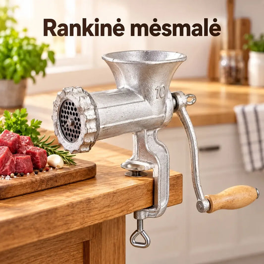 Aukštos kokybės rankinė mėsmalė Nr. 10 TR2306B, metalinė rankinė mėsmalė su rankena ir varžtu, skirta mėsos malimui.