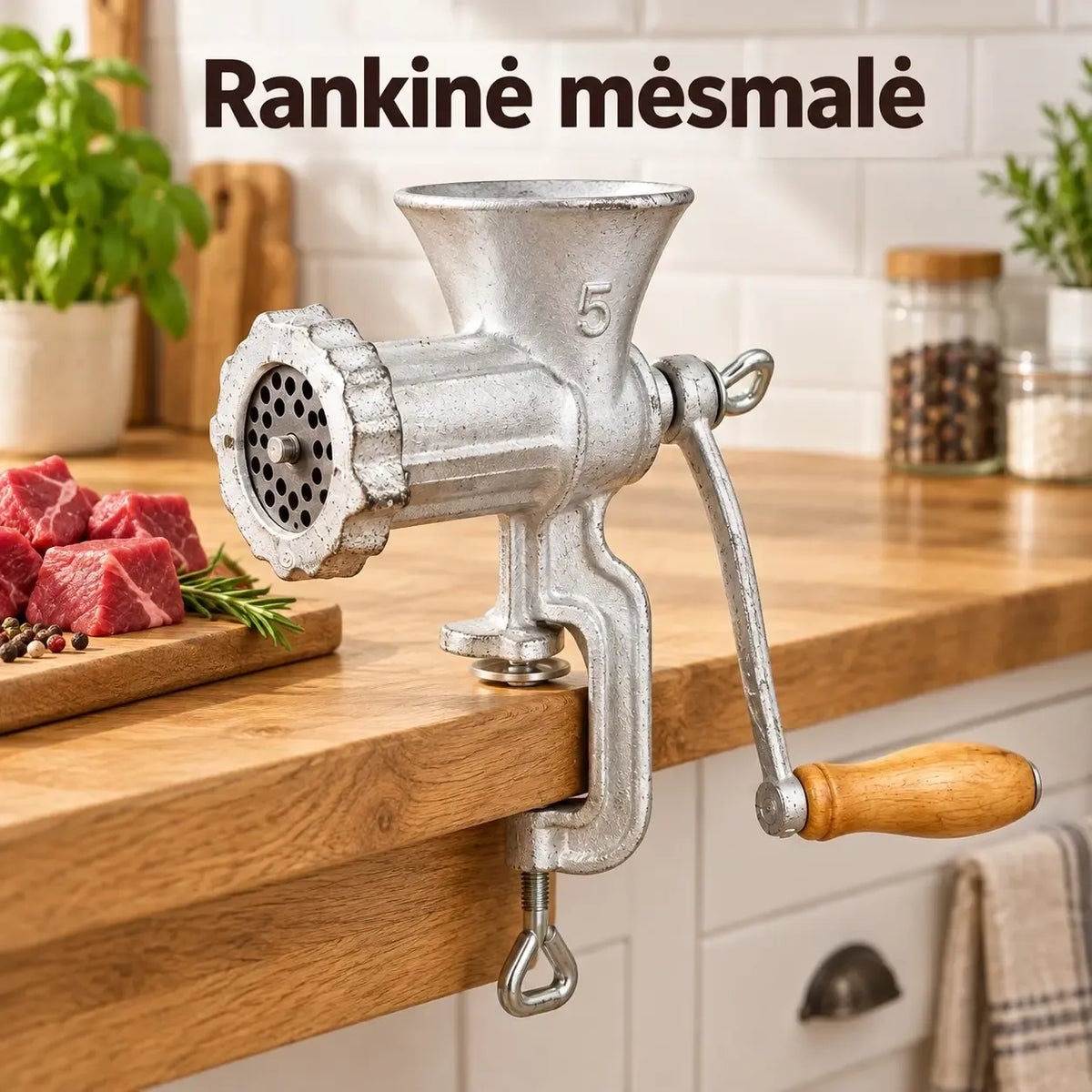Aukštos kokybės rankinė mėsmalė Nr. 5 TR2306, metalinė rankena ir patvari konstrukcija, skirta smulkiam mėsos malimui.