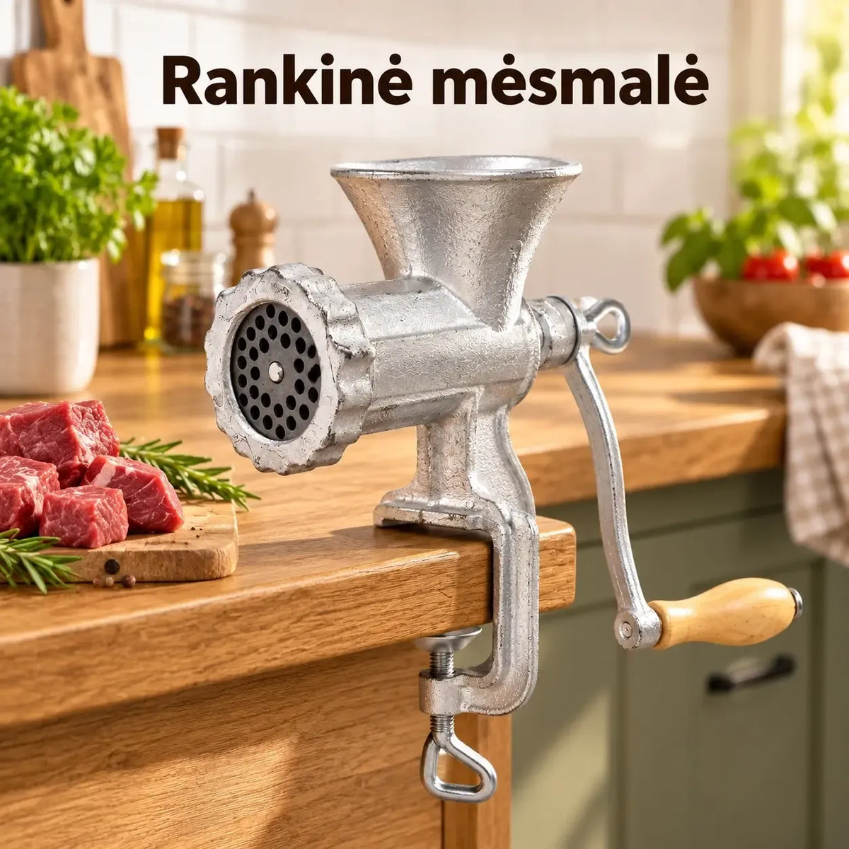 Aukštos kokybės rankinė mėsmalė Nr. 8 TR2306A, metalinė rankenėlė ir patogi rankena, skirta smulkiam mėsos malimui.