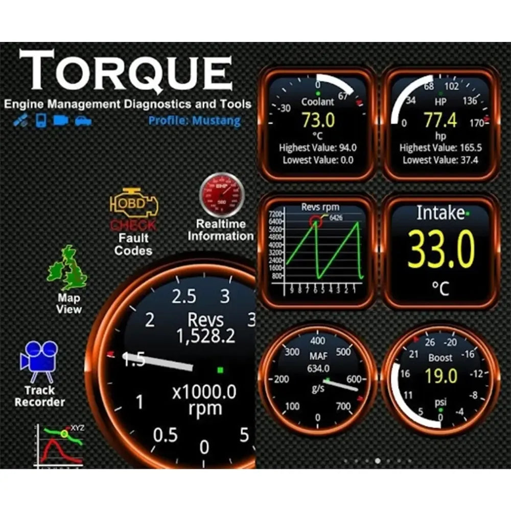 Automobilio diagnostinis skeneris ELM327 OBD2 Bluetooth, prijungtas prie automobilio jungties su LED indikatoriais.