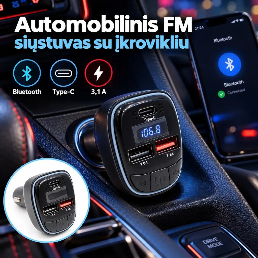 Automobilinis Bluetooth FM siųstuvas su įkrovikliu TR2477, juodas, matomas ekranas ir jungtys, prijungtas prie automobilio prietaisų.