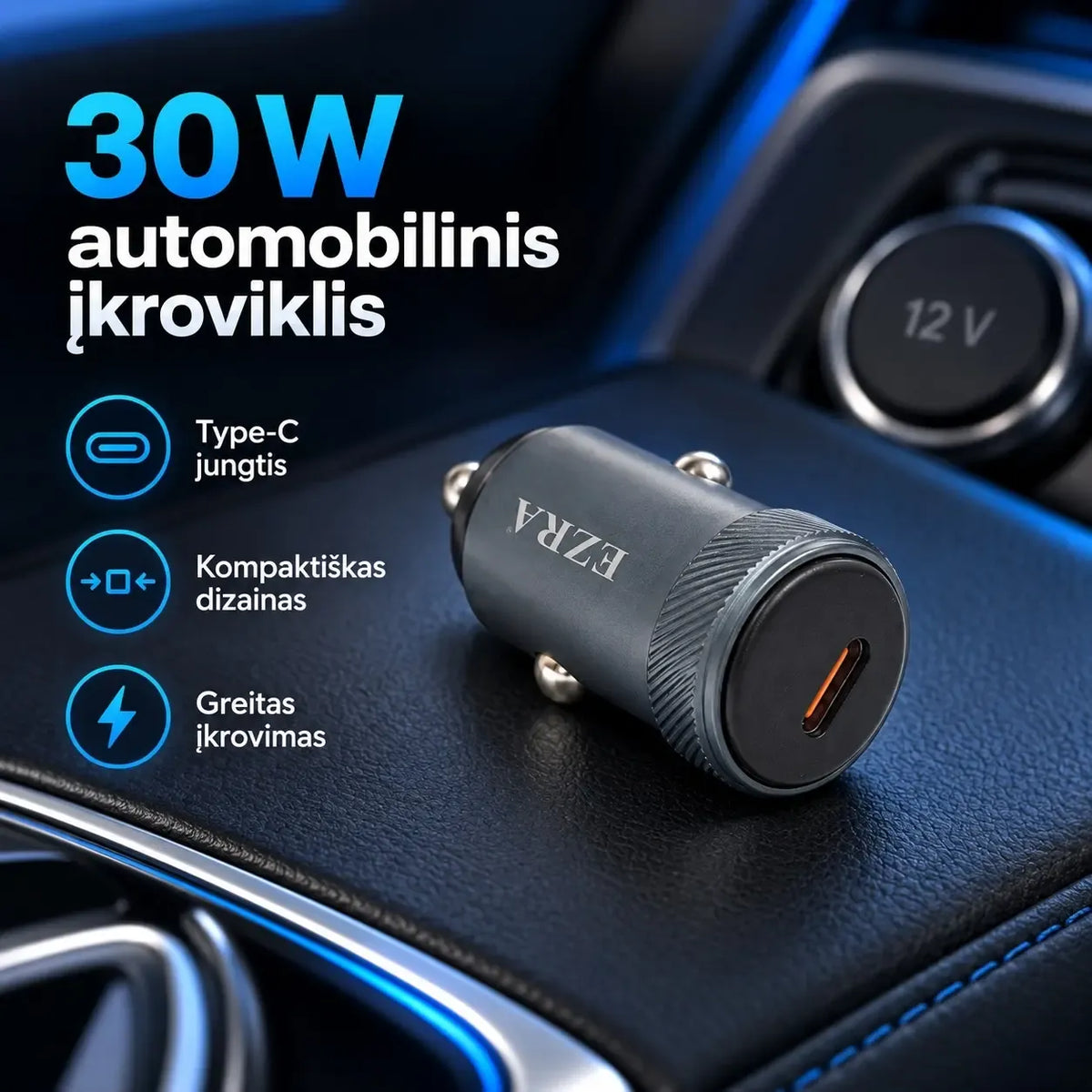 Automobilinis greitojo įkrovimo adapteris EZRA CR70, 30 W, vaizdas su USB jungtimi ir kompaktišku dizainu.
