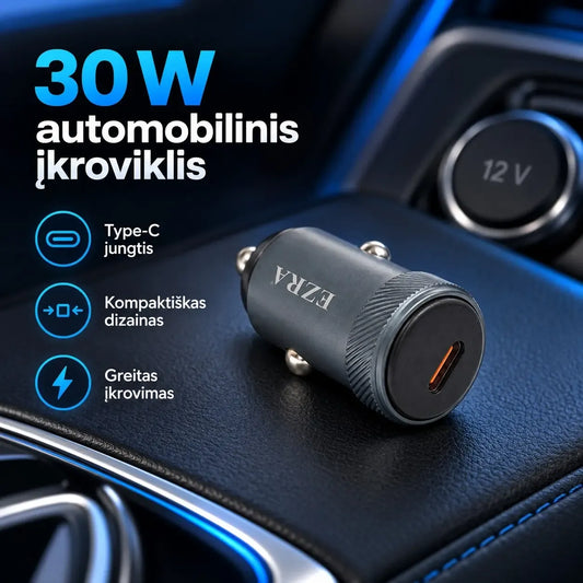 Automobilinis greitojo įkrovimo adapteris EZRA CR70, 30 W, vaizdas su USB jungtimi ir kompaktišku dizainu.