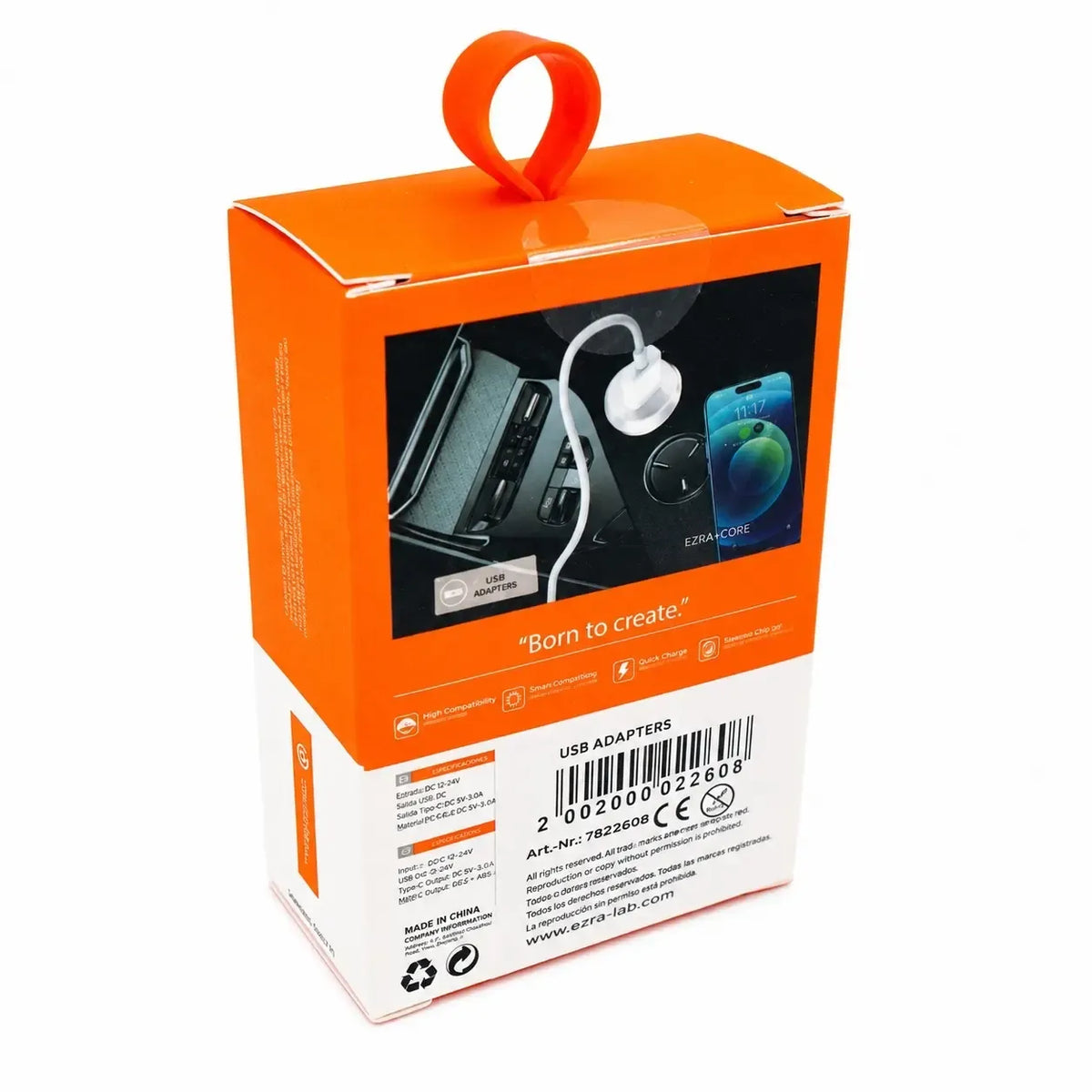 Automobilinis greitojo įkrovimo adapteris EZRA CR72 18 W su USB jungtimi, tinka automobiliui ir greitam įkrovimui.