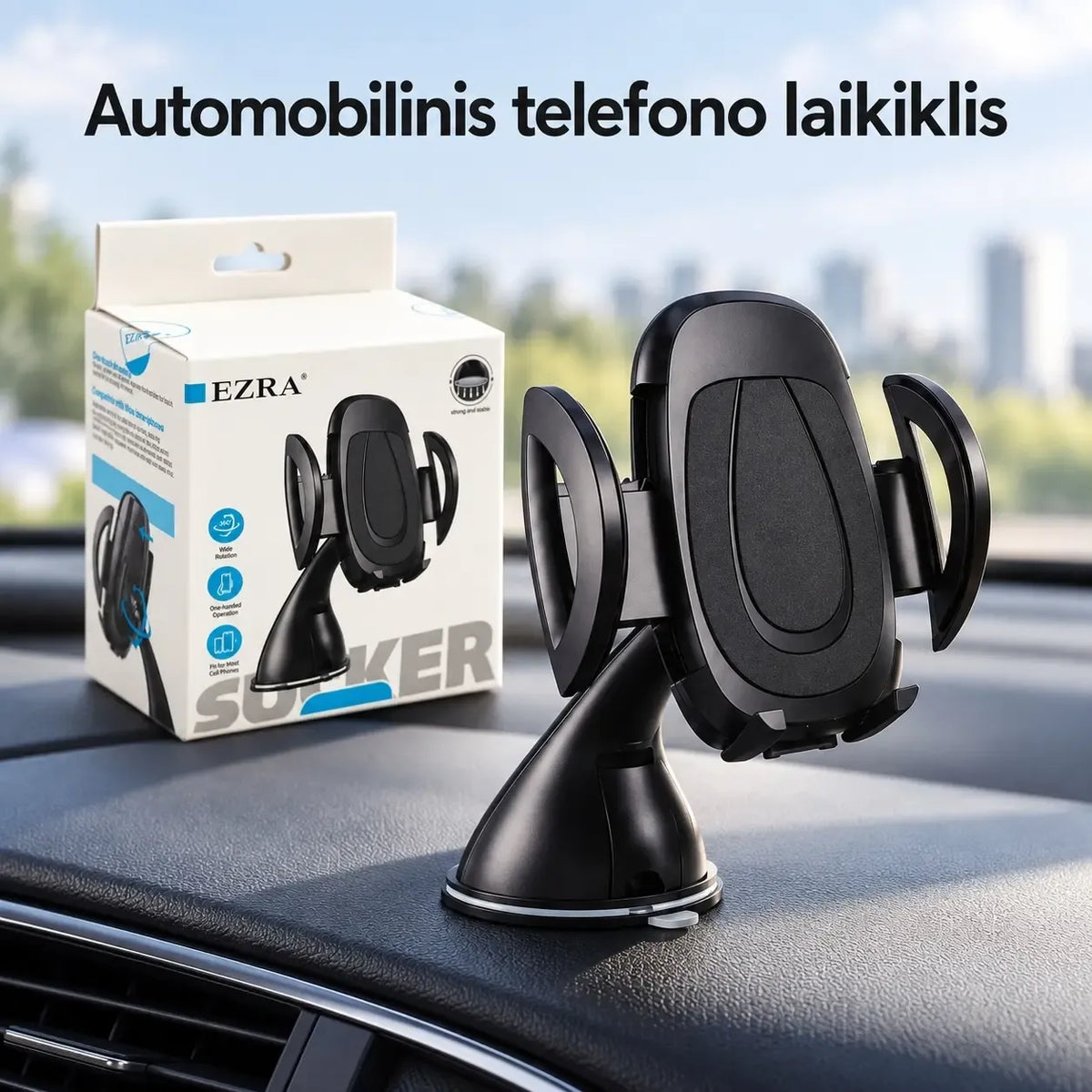 Automobilinis telefono laikiklis su siurbtuku EZRA HL129, tvirtai pritvirtintas prie automobilio prietaisų skydelio, telefonui laikyti.