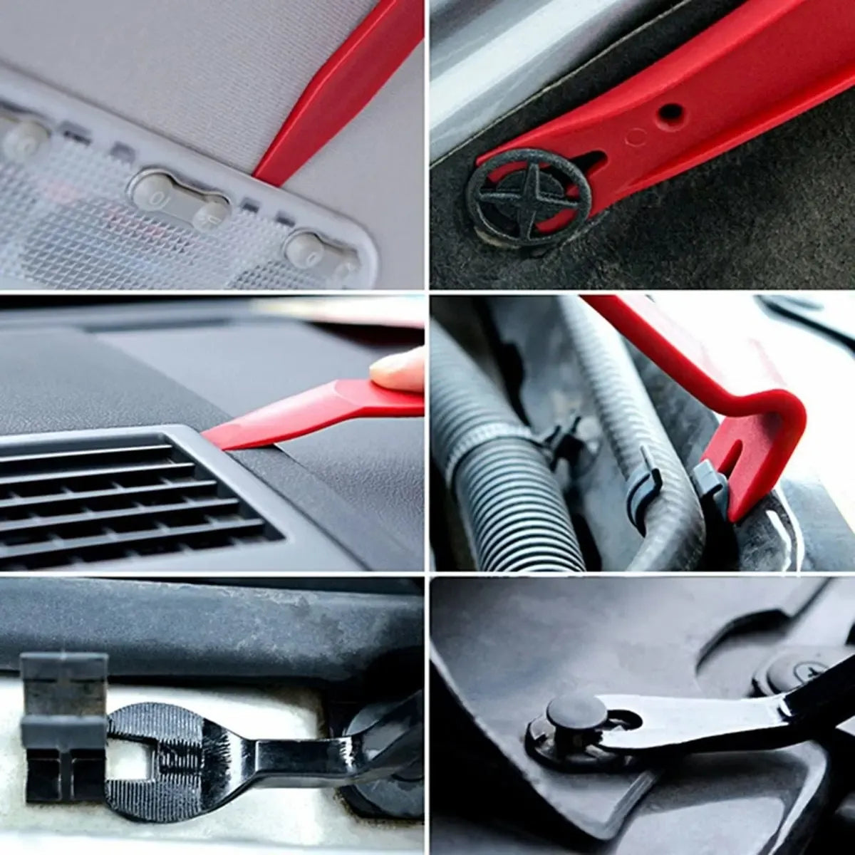 Automobilio apmušalų nuėmimo įrankių rinkinys, 11 dalių, su plastikiniais ir metaliniais įrankiais automobilių apmušalų atlaisvinimui.