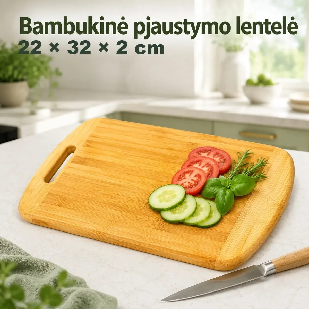 Bambukinė pjaustymo lentelė 22 × 32 × 2 cm, natūralaus bambuko medžiagos virtuvės reikmenys, skirta pjaustymui ir maisto ruošimui.