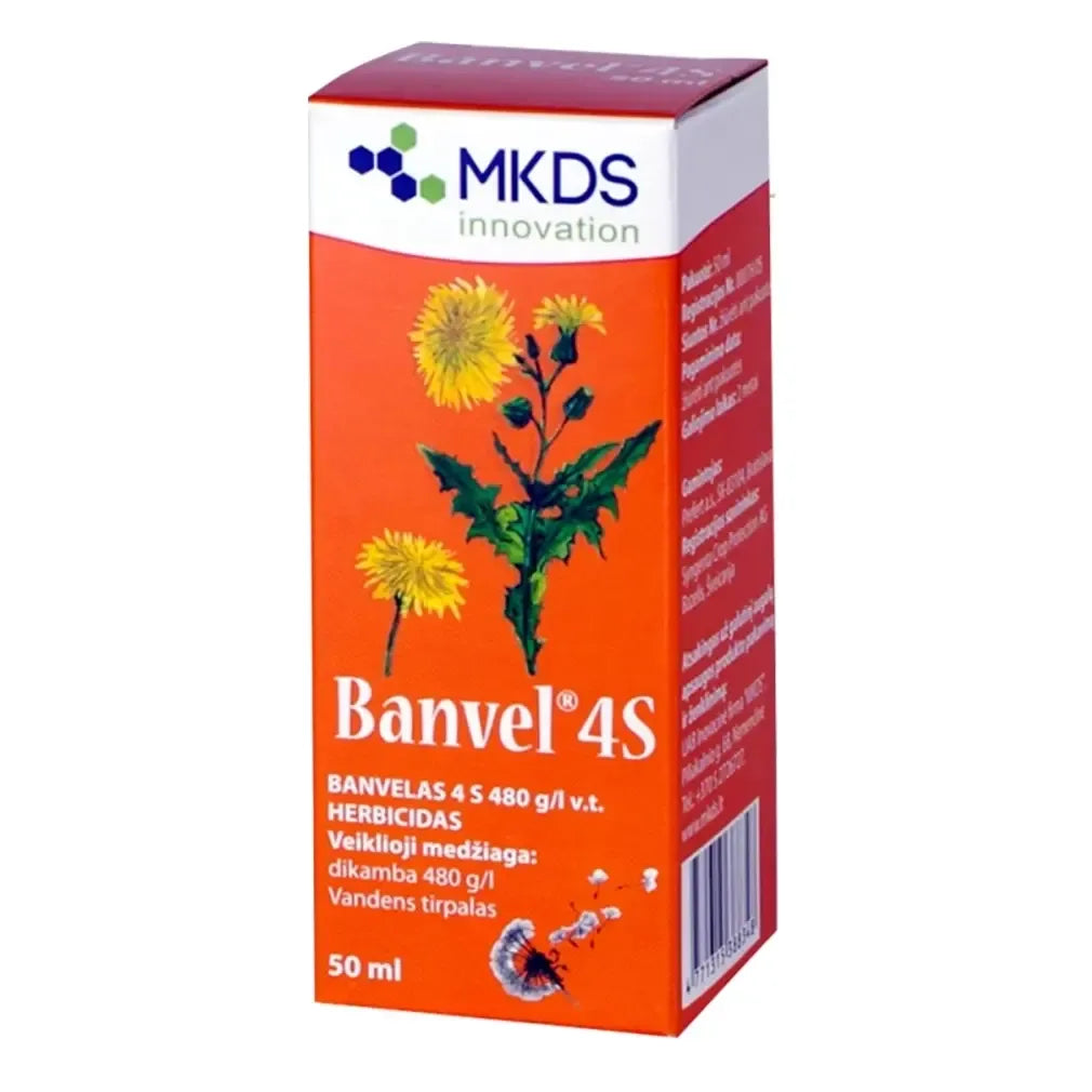 Augalų piktžolių herbicidas Banvel vejoms, 50 ml, skardinės pakuotė su etiketėmis ir matoma dozavimo dozatorius.