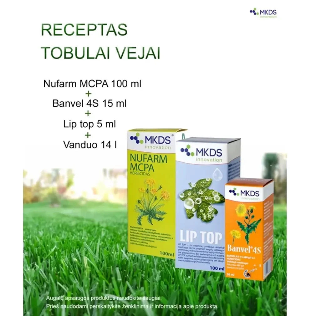 Sodininko Banvel herbicidas vejoms 50 ml buteliukas su purkštuvu ir etiketėmis, skirtas piktžolių naikinti.