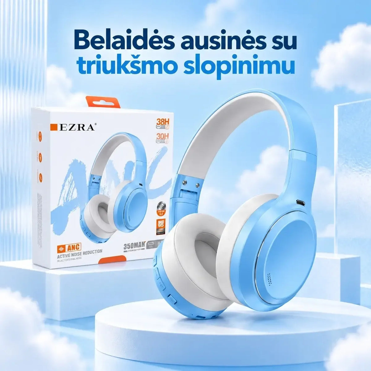 EZRA BW95 zilas bezvadu austiņas ar aktīvo trokšņu slāpēšanu