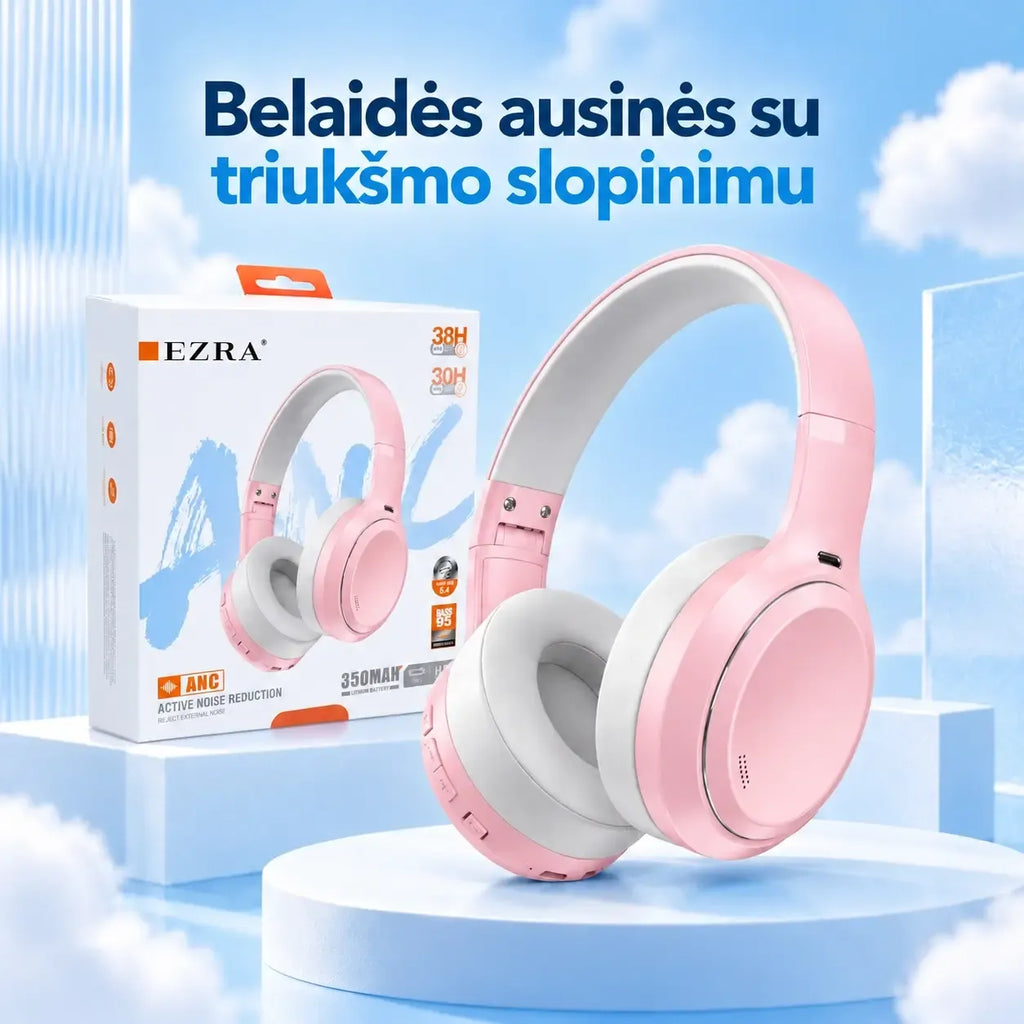 EZRA BW95 rozā bezvadu austiņas ar aktīvo trokšņu slāpēšanu